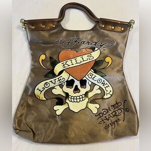 Vintage Ed Hardy Love Kills Slowly Brown/Gold Skull Heart Tote Bag Retro 90s Y2k